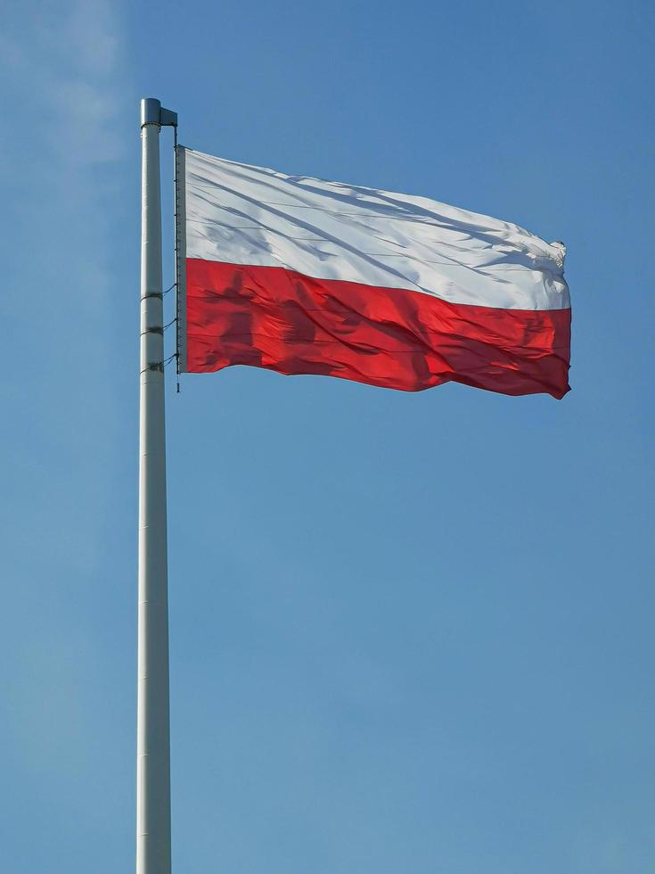 a bandeira do estado da polônia em um poste em um fundo de céu azul no dia do vento foto