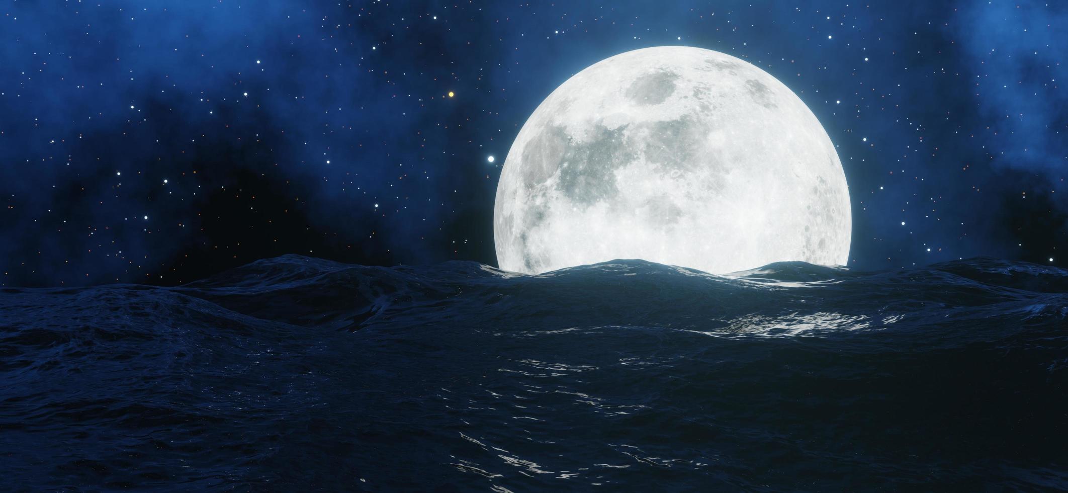 a grande lua brilha atrás do mar com estrelas e nuvens ao fundo. renderização 3D. foto