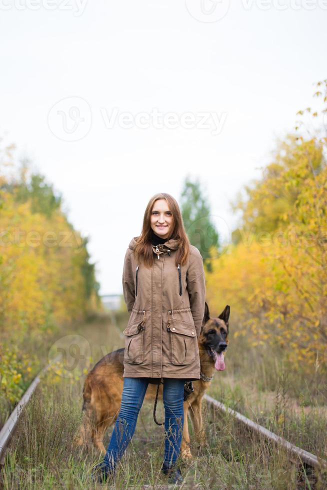 jovem mulher bonita com cão pastor alemão posando na floresta de outono perto da via férrea foto