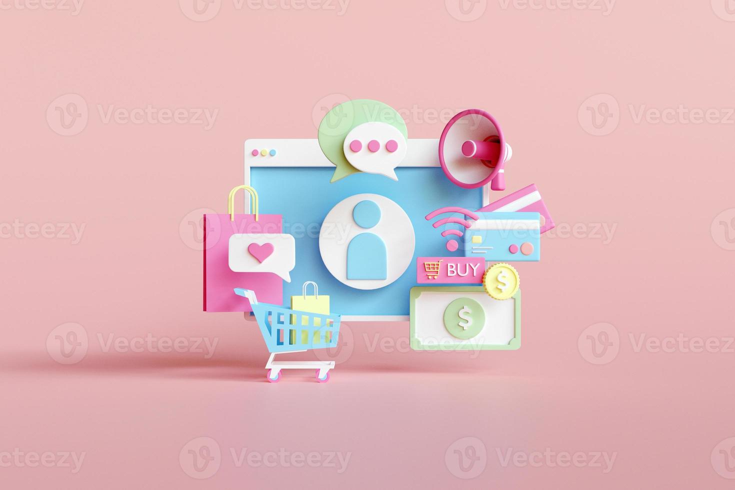 compras on-line no conceito de aplicativo para celular, promoção de marketing digital de lojas digitais, web e publicidade. ilustração 3d.. foto