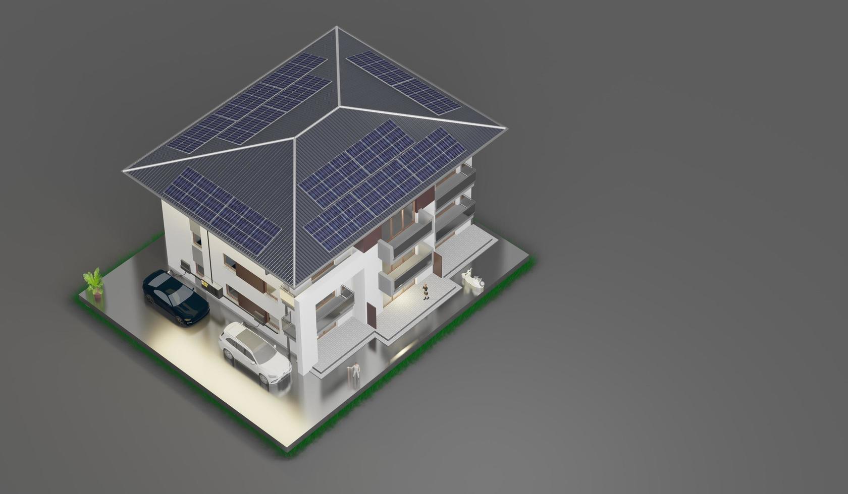 telhado de casa com painéis solares sistema de energia para casa inteligente células solares economia de energia casas ilustração 3d de energia solar foto