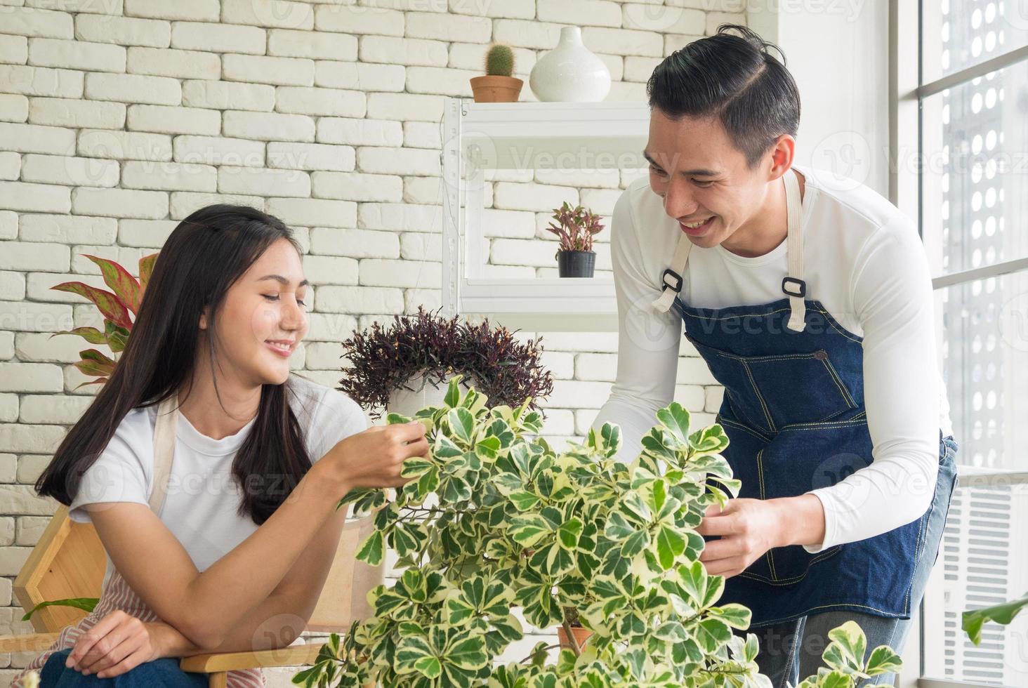 jardineiro jovem asiático varão mulher duas pessoas sentadas com chão sorrindo procurando mão segurando cesta pote pequena árvore folha verdes nas calmas trabalho loja home plant white wall. trabalho de hobby feliz e conceito de cuidado foto