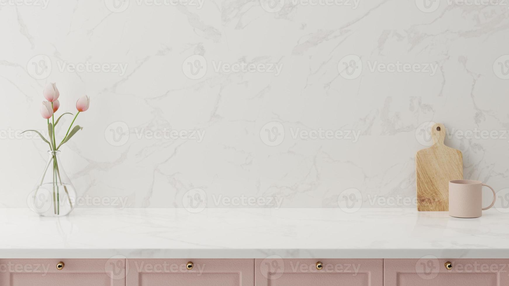 fundo de maquete de balcão mínimo em estilo moderno com parede superior de mármore branco e balcão rosa. interior da cozinha. foto