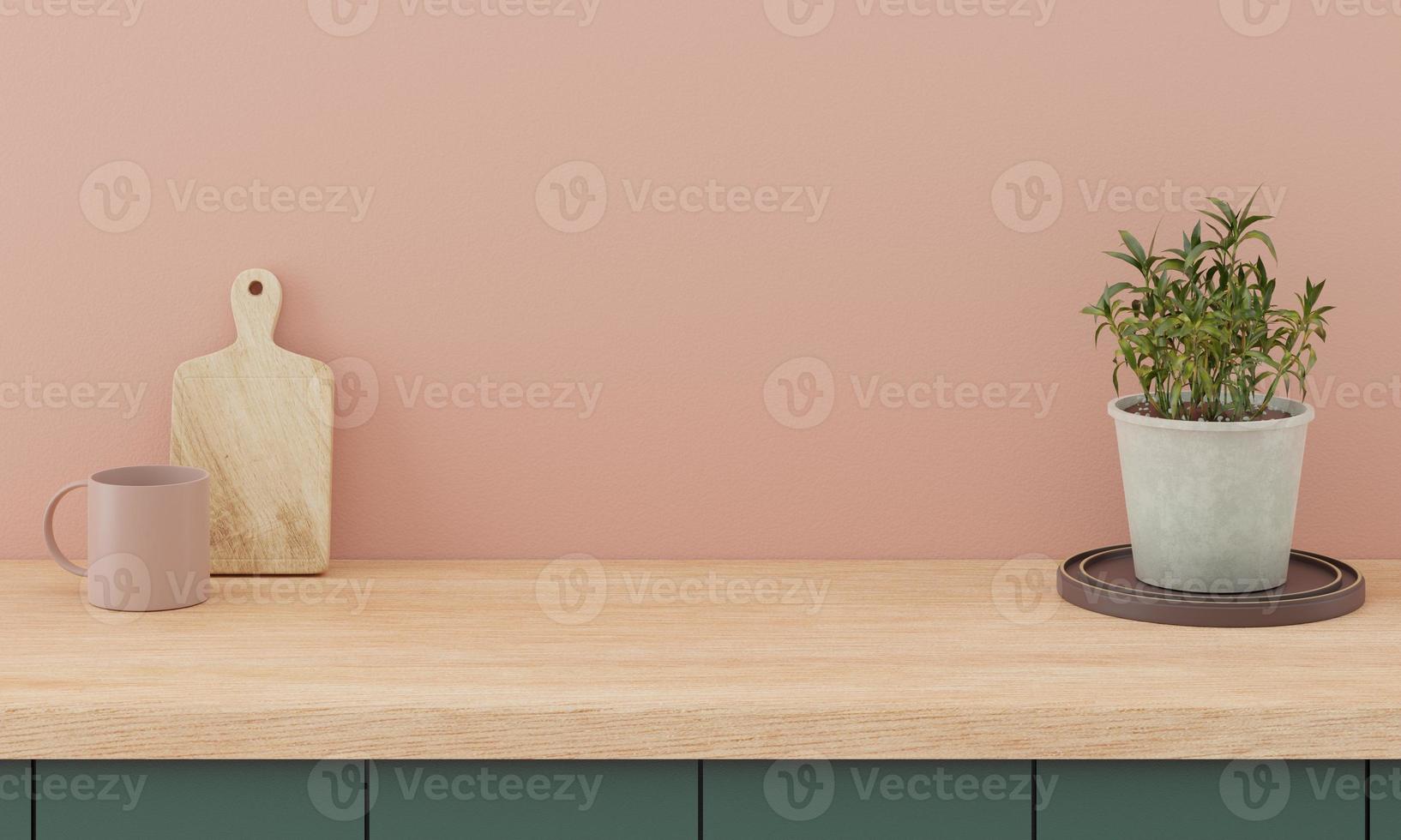 maquete de balcão mínimo para fundo de apresentação de produto com tampo de madeira brilhante de balcão verde e parede rosa. foto