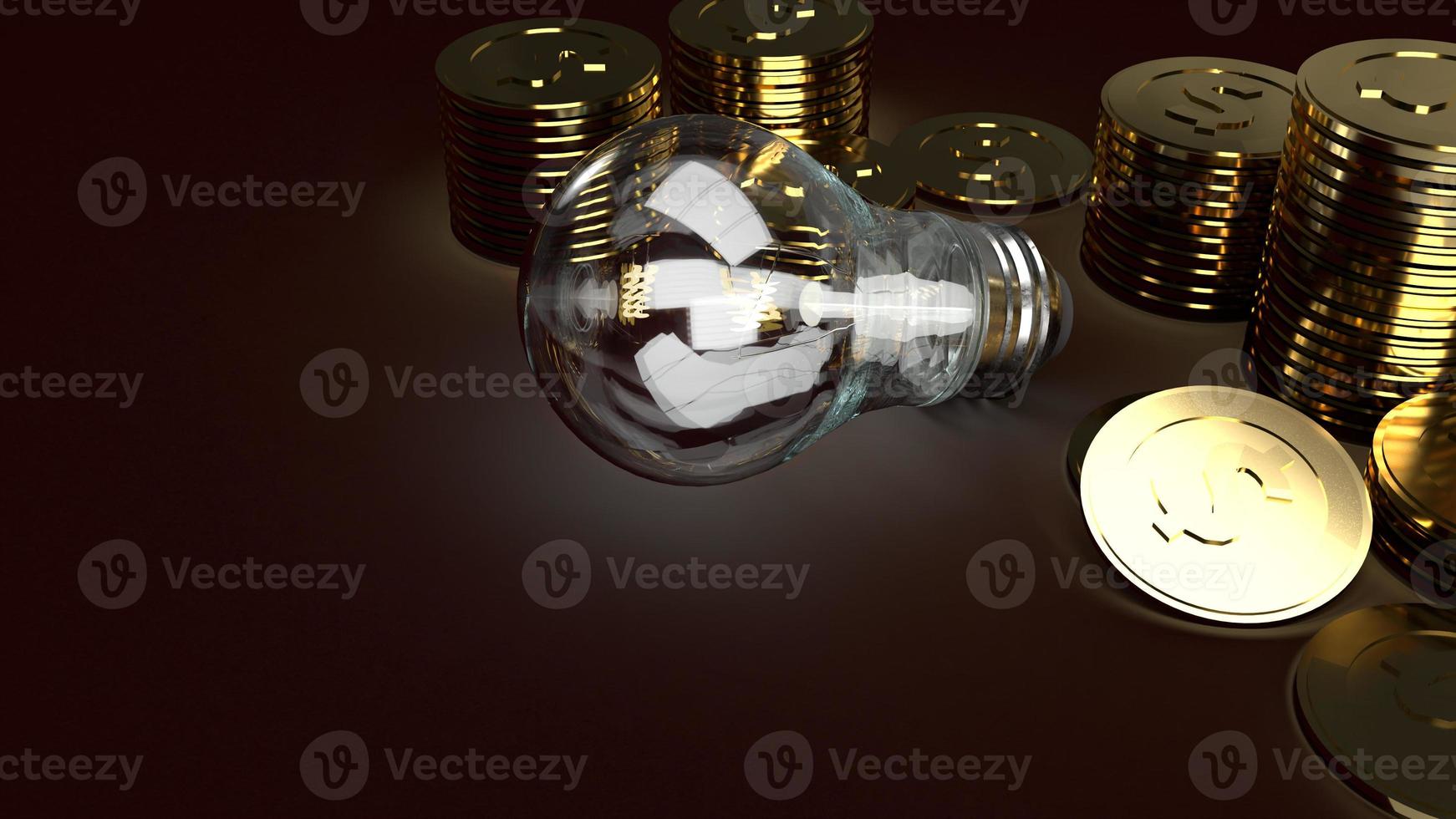 lâmpada e moedas de ouro em renderização 3d escura para conteúdo de negócios. foto
