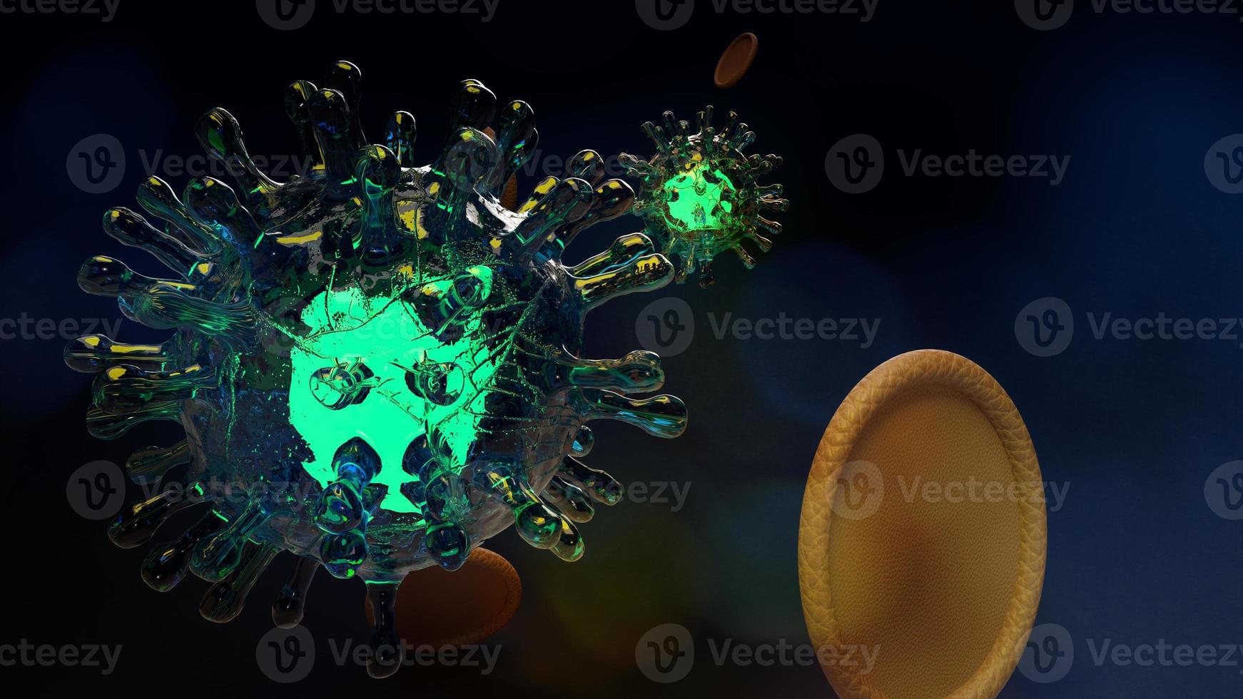 renderização 3d de microorganismos do vírus covid 19 para conteúdo médico. foto