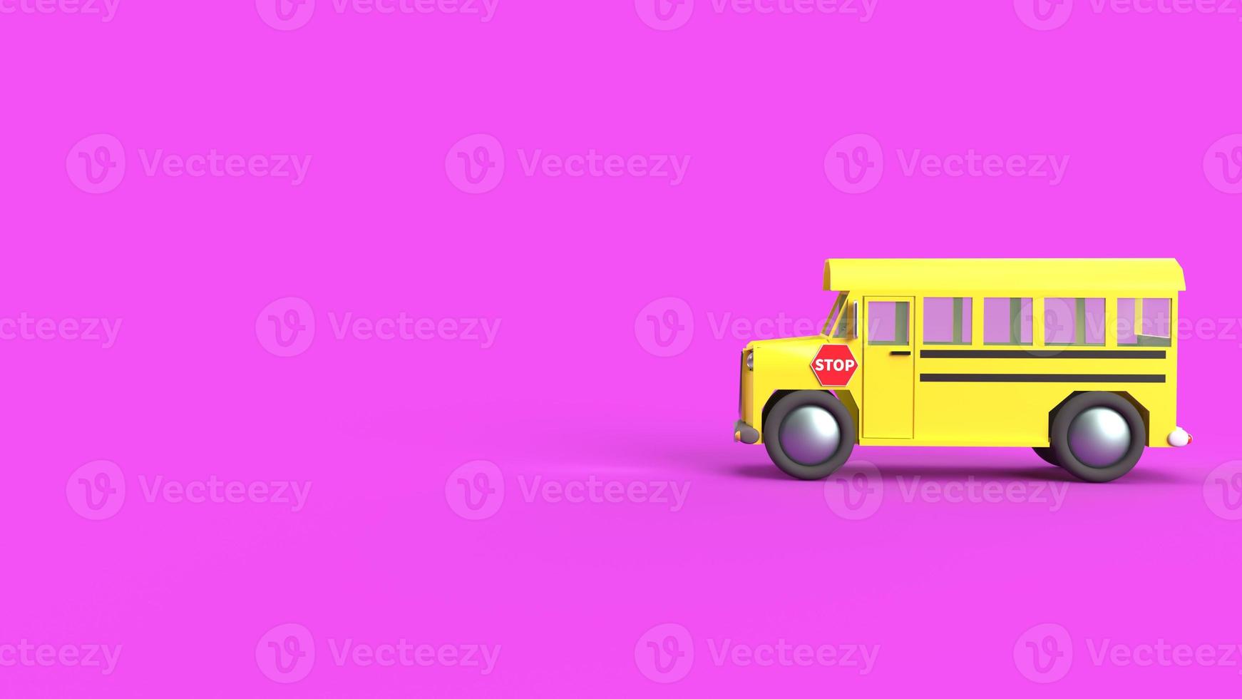 ônibus escolar amarelo em fundo roxo renderização em 3d para conteúdo escolar foto