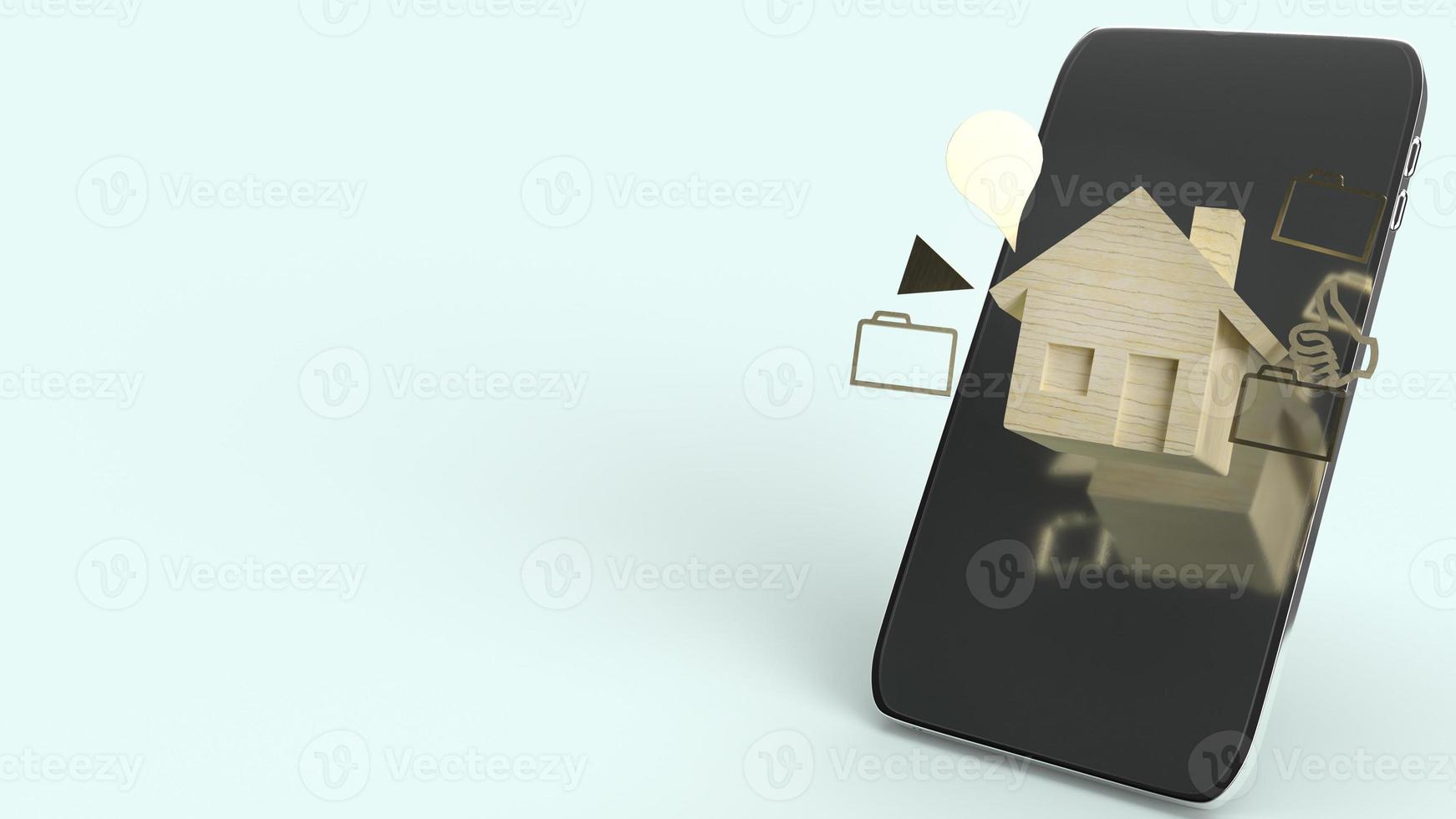 o brinquedo de madeira em casa e a renderização 3d do smartphone para conteúdo de tecnologia. foto