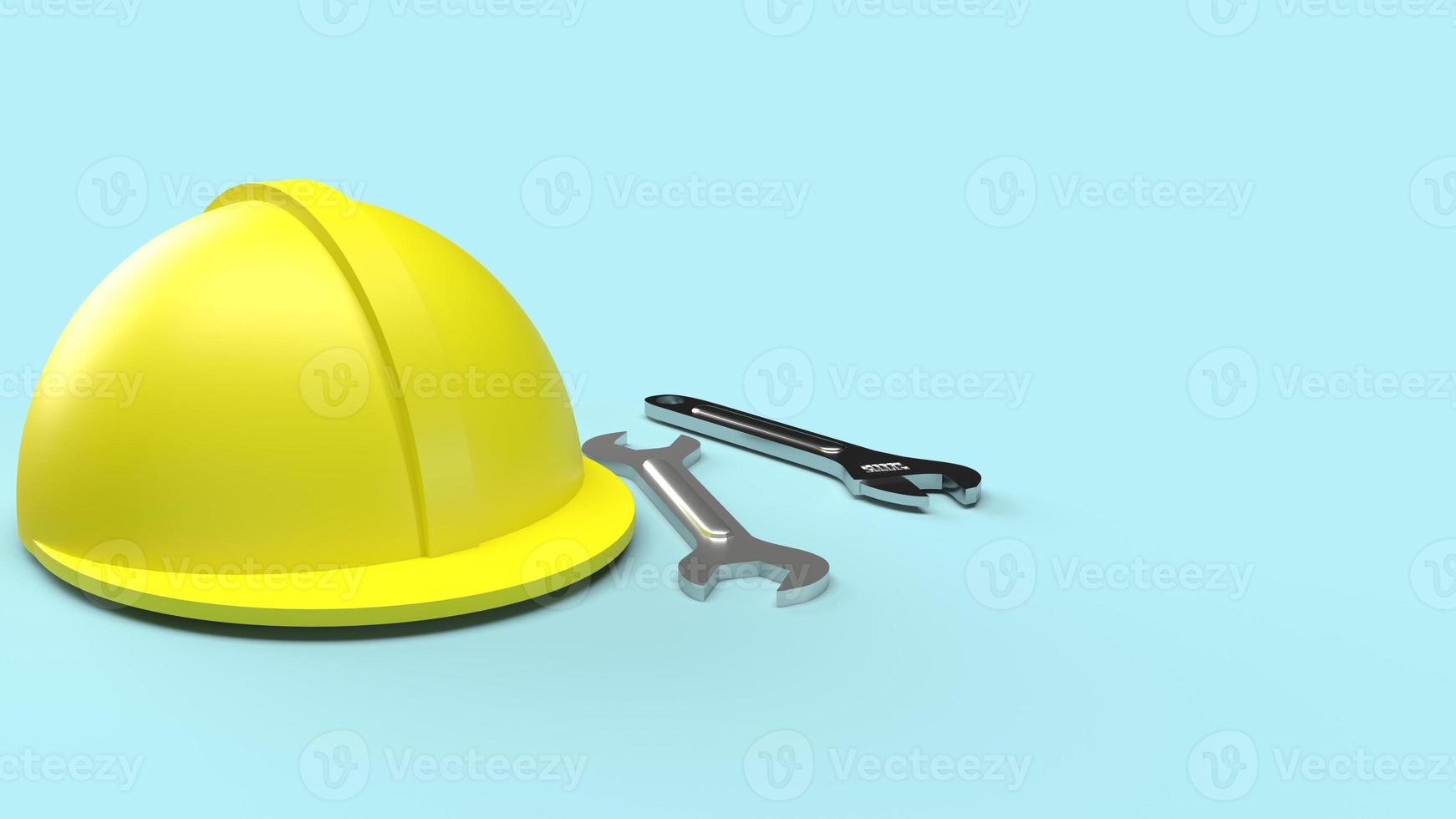 capacete de segurança e chave em fundo azul renderização em 3d para conteúdo do dia do trabalho foto