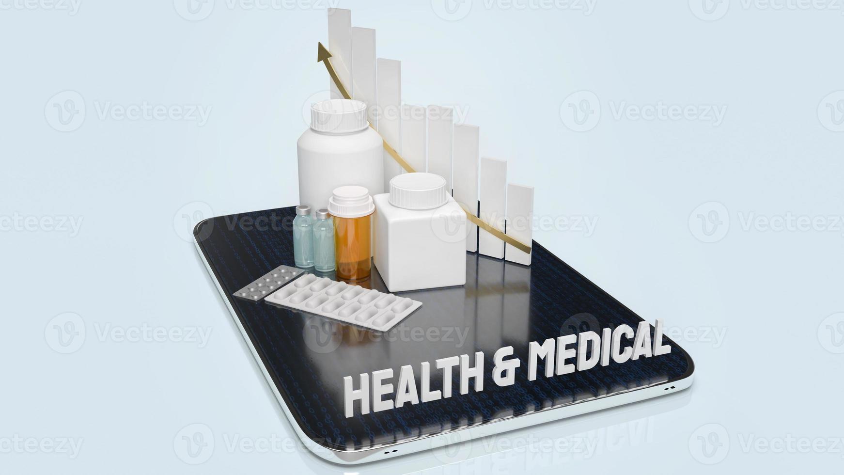 garrafa médica de drogas e gráfico no tablet para renderização 3d de conteúdo de saúde de aplicativos. foto