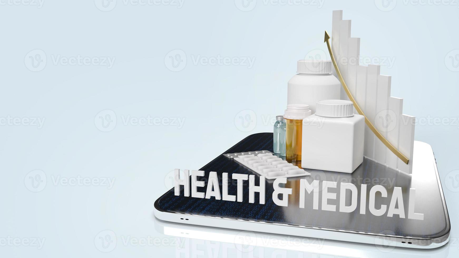 garrafa médica de drogas e gráfico no tablet para renderização 3d de conteúdo de saúde de aplicativos. foto