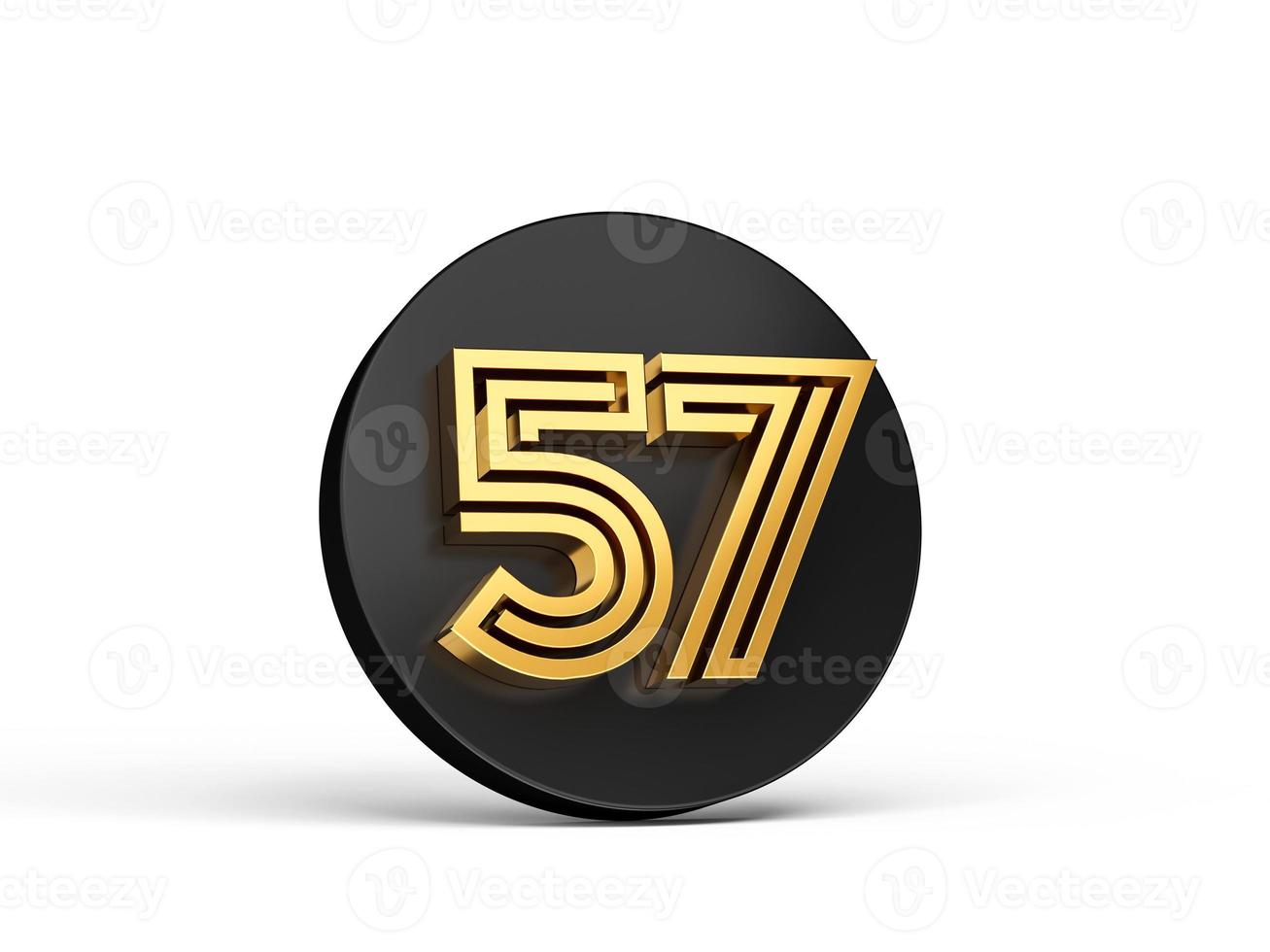 fonte moderna de ouro real. letra de dígito 3d elite 57 cinquenta e sete no ícone de botão 3d preto ilustração 3d foto