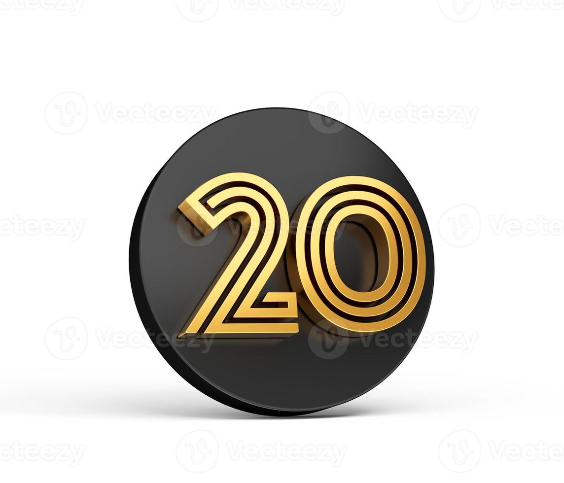 fonte moderna de ouro real. letra de dígito 3d elite 20 vinte no ícone de botão 3d preto ilustração 3d foto
