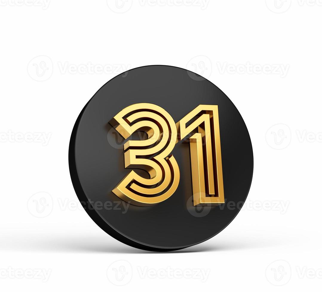 fonte moderna de ouro real. letra de dígito 3d elite 31 trinta e um no ícone de botão 3d preto ilustração 3d foto