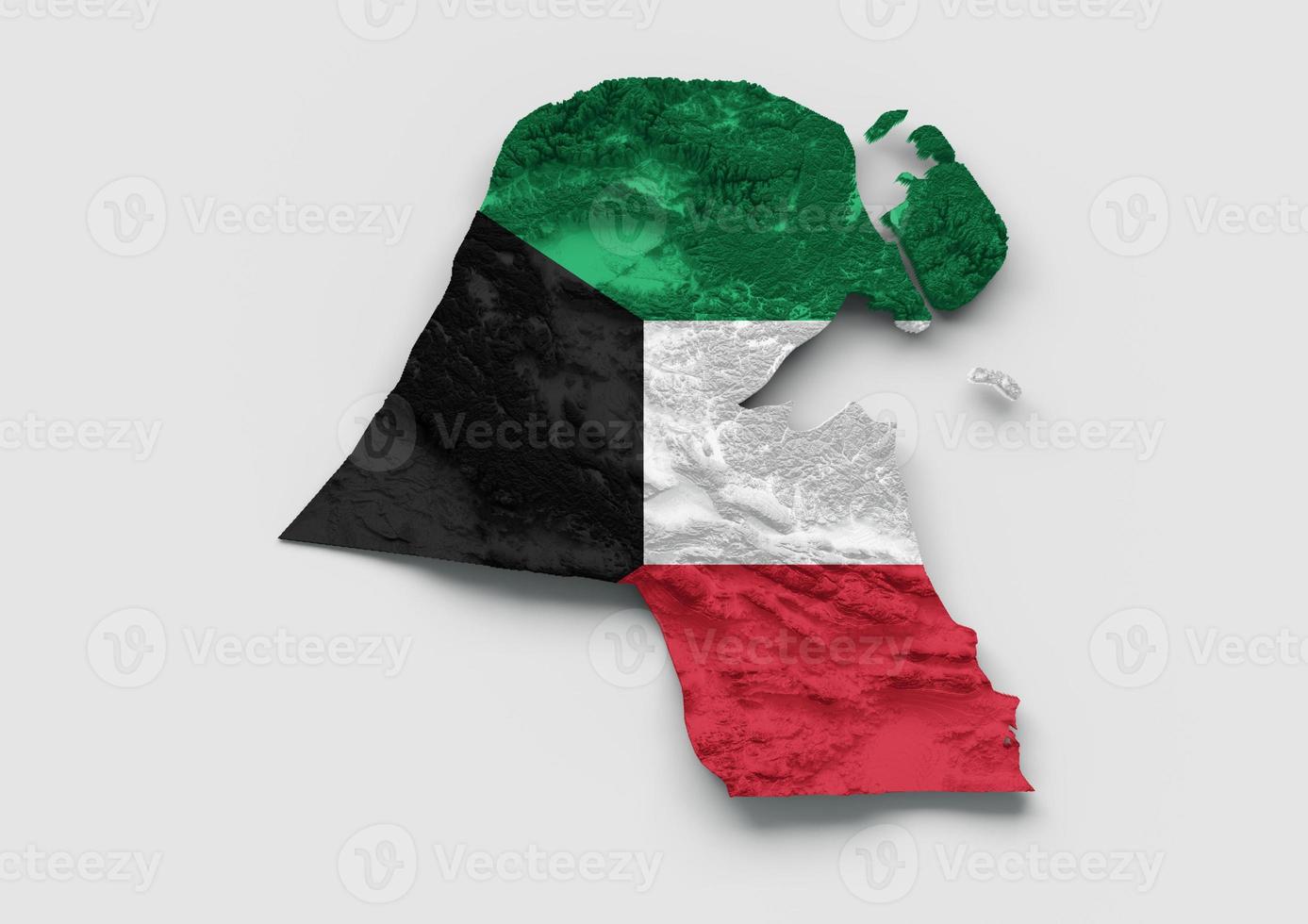 mapa do kuwait bandeira mapa de altura de cor de relevo sombreado no fundo branco ilustração 3d foto