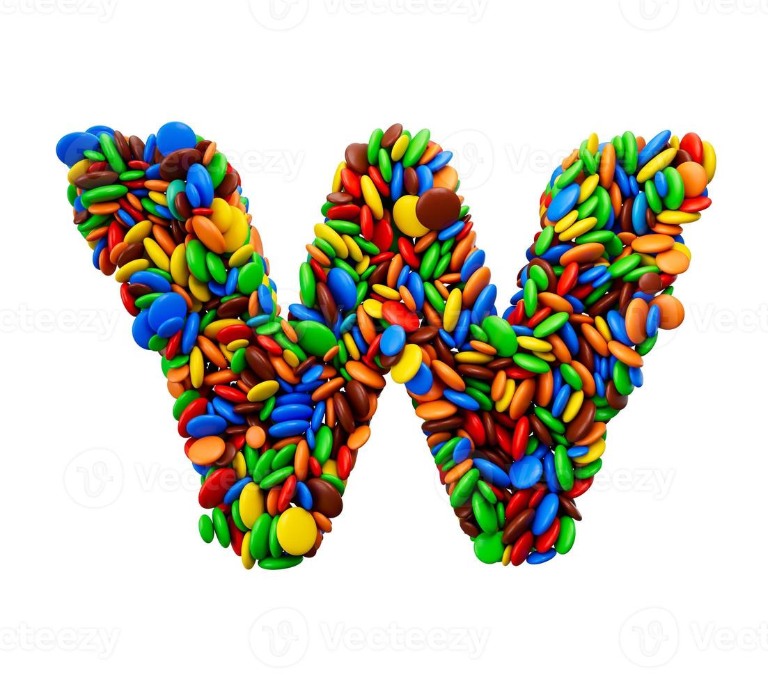 palavra w de doces multicoloridos do arco-íris festivos isolados na ilustração 3d de fundo branco foto
