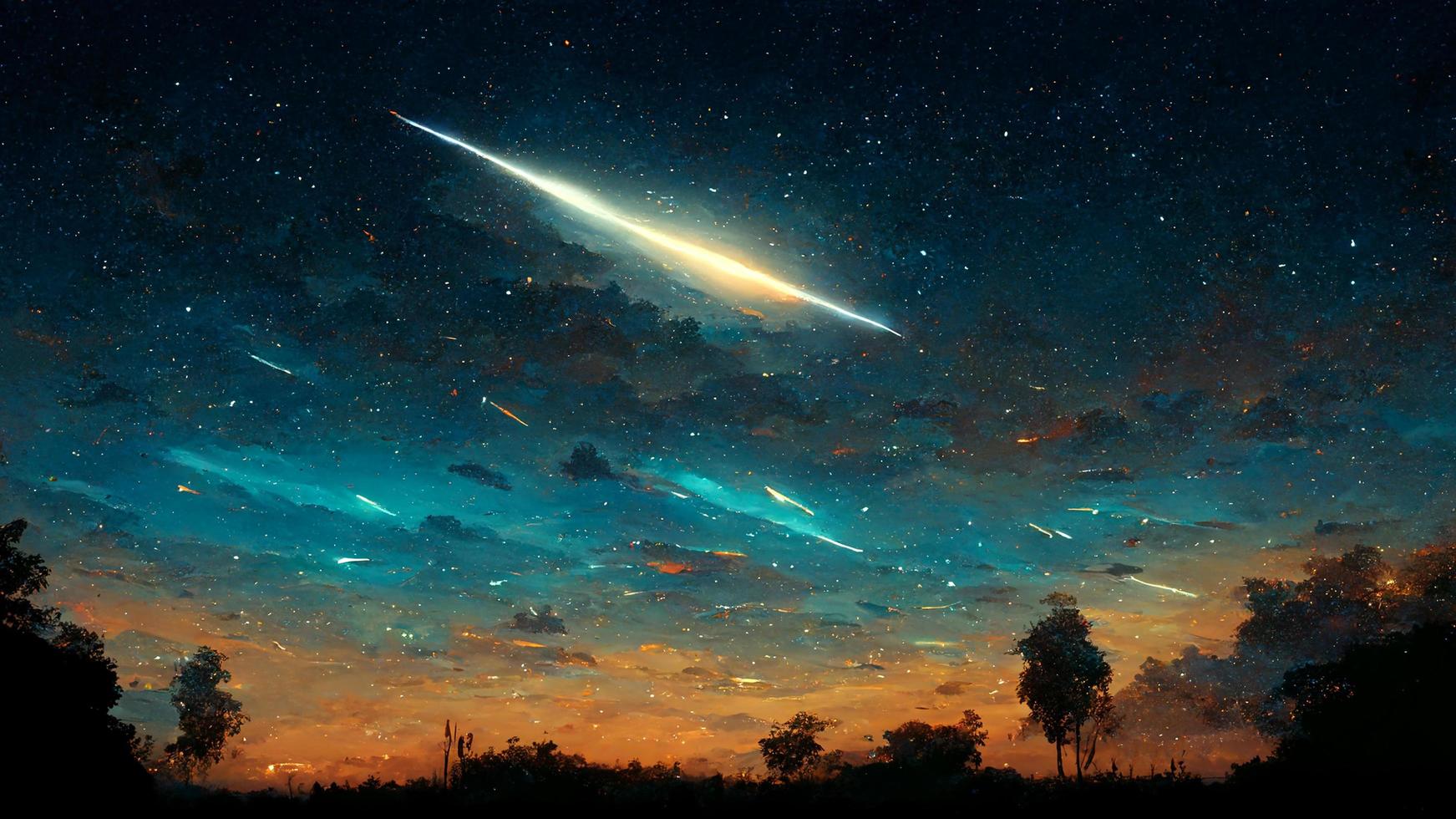 trilhas de estrelas de meteoros na fantasia de fundo do céu noturno, estilo de arte digital, design de ilustração foto