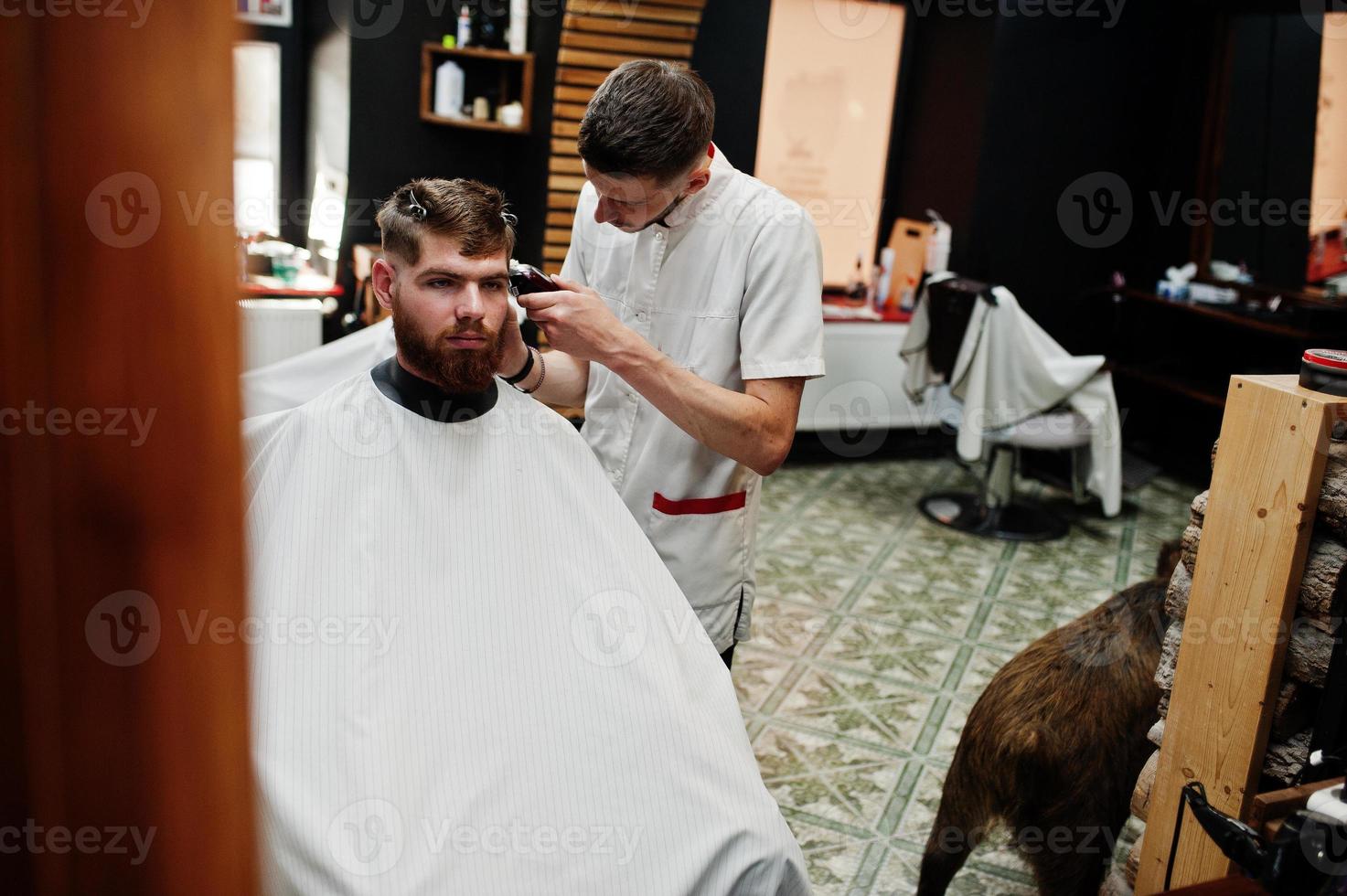 jovem barbudo cortando o cabelo pelo cabeleireiro enquanto está sentado na cadeira na barbearia. alma de barbeiro. foto