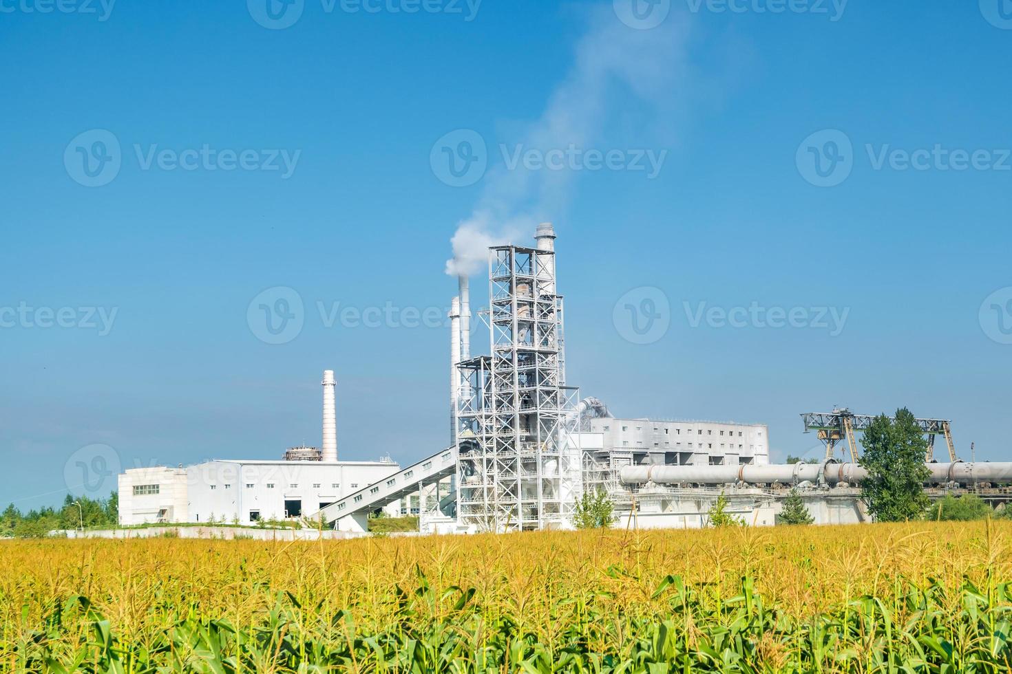 paisagem industrial poluição ambiental resíduos da fábrica de cimento. grandes tubos da planta da empresa da indústria. tubos de fábrica revestidos de cal e giz foto