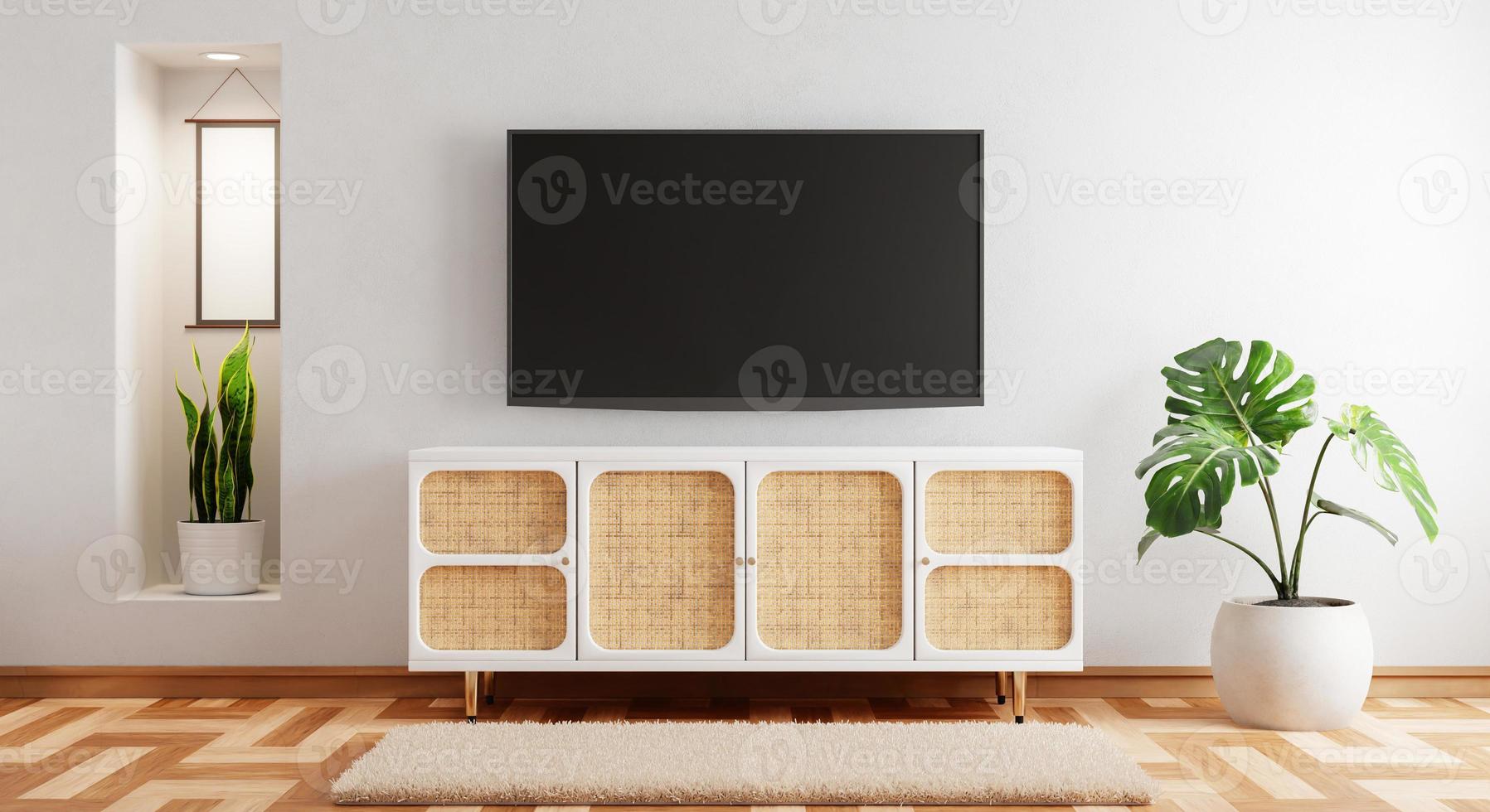 tv acima do armário de madeira na moderna sala vazia com tapete de plantas em fundo de madeira. tema de estilo japonês. arquitetura e conceito de interiores. renderização de ilustração 3D foto