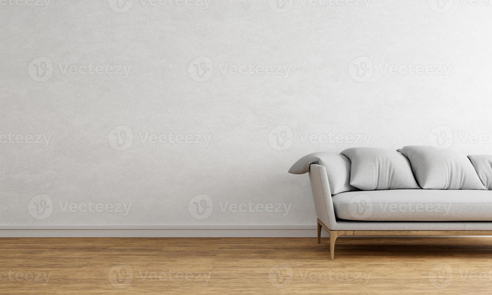 parede vazia branca com sofá cinza feito de madeira e tecido têxtil. conceito de fundo de interiores e arquitetura. renderização de ilustração 3D foto