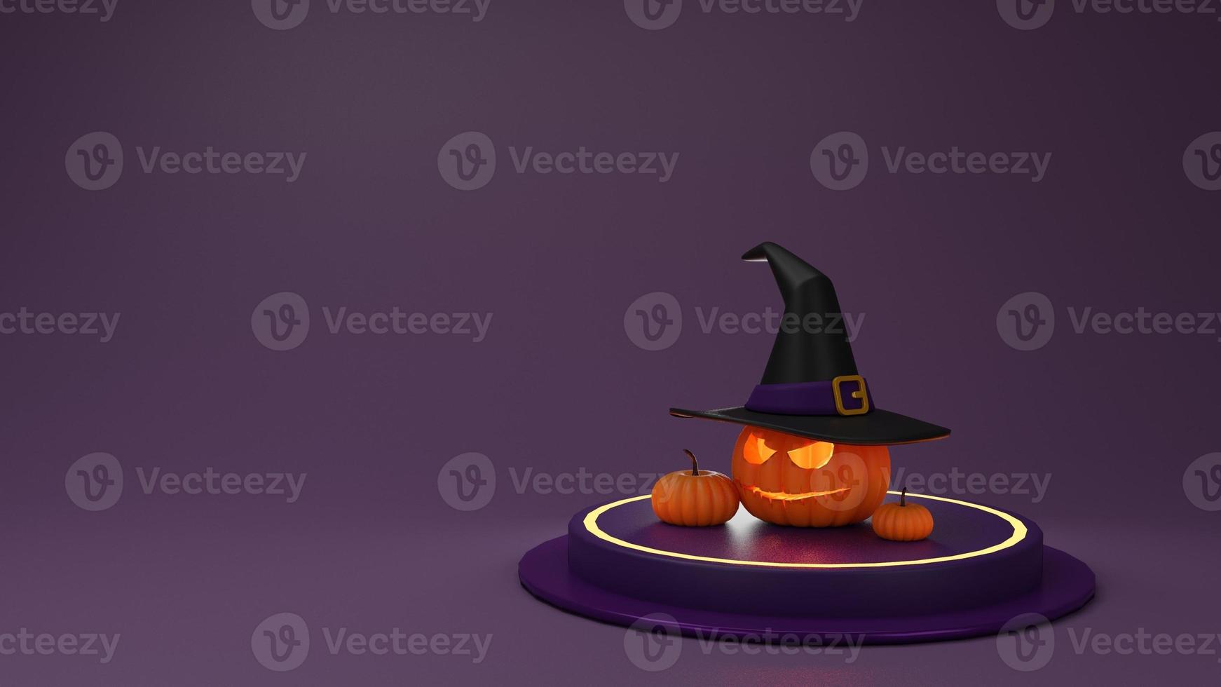 abóbora de halloween com festa de chapéu assustador. fundo de halloween com pódio para exibição de produto. feliz dia das bruxas ou festa outubro horror assustador. lugar para texto, ilustração de renderização 3d foto