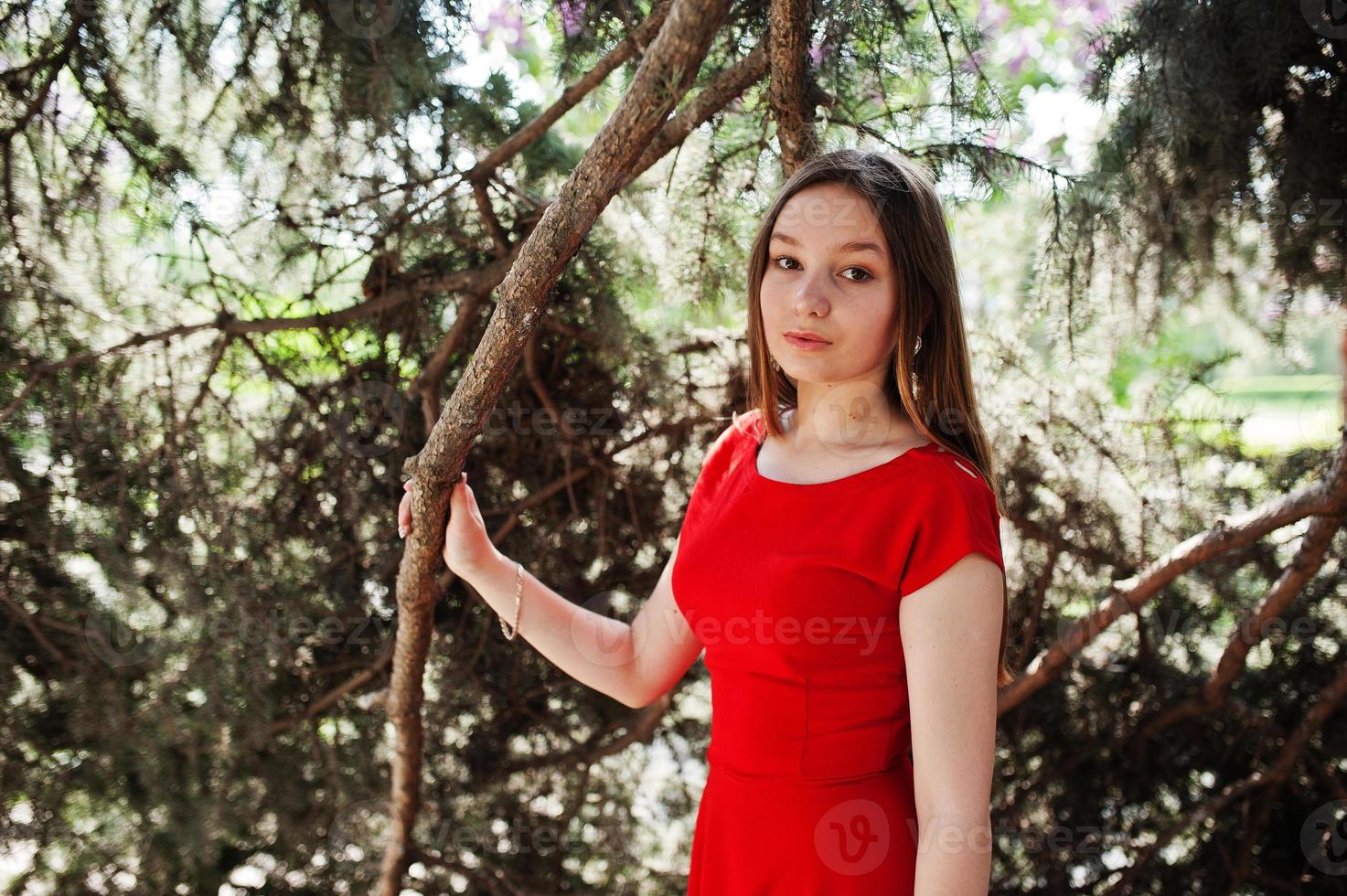 adolescente de vestido vermelho posou ao ar livre em dia ensolarado. foto