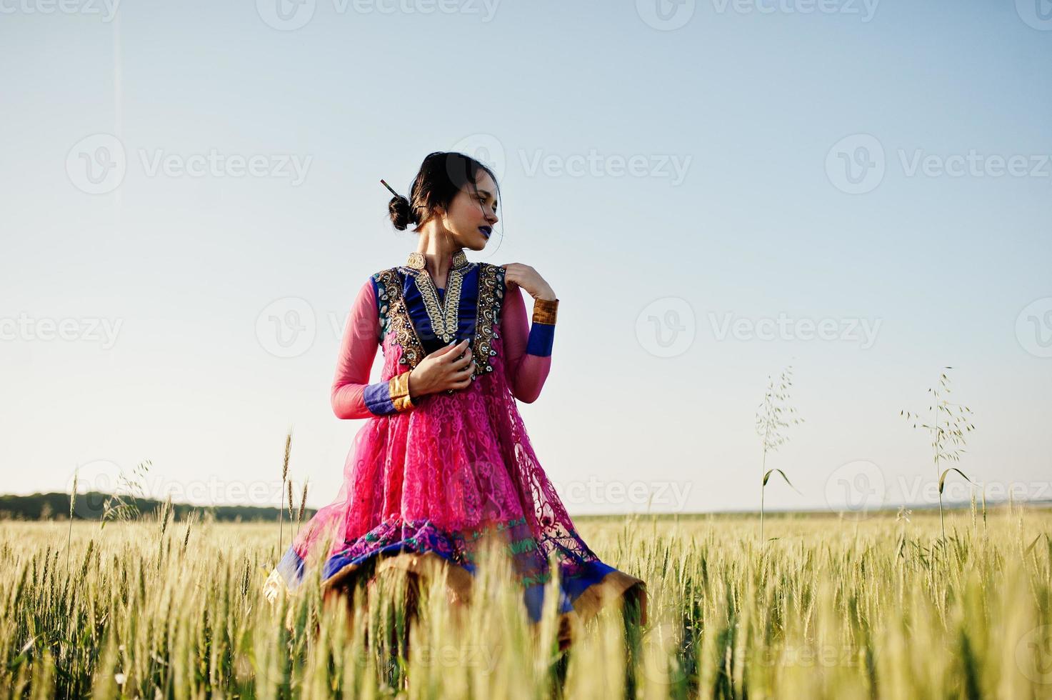tenra garota indiana em saree, com lábios violeta compõem posou no campo no pôr do sol. modelo elegante da índia. foto