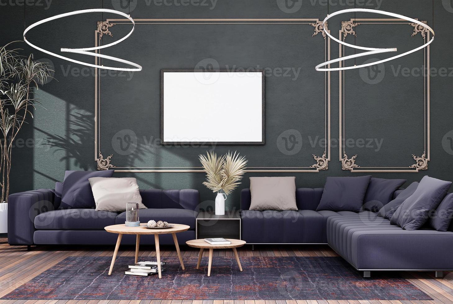 elegante design de interiores da sala de estar com moldura de cartaz simulada foto