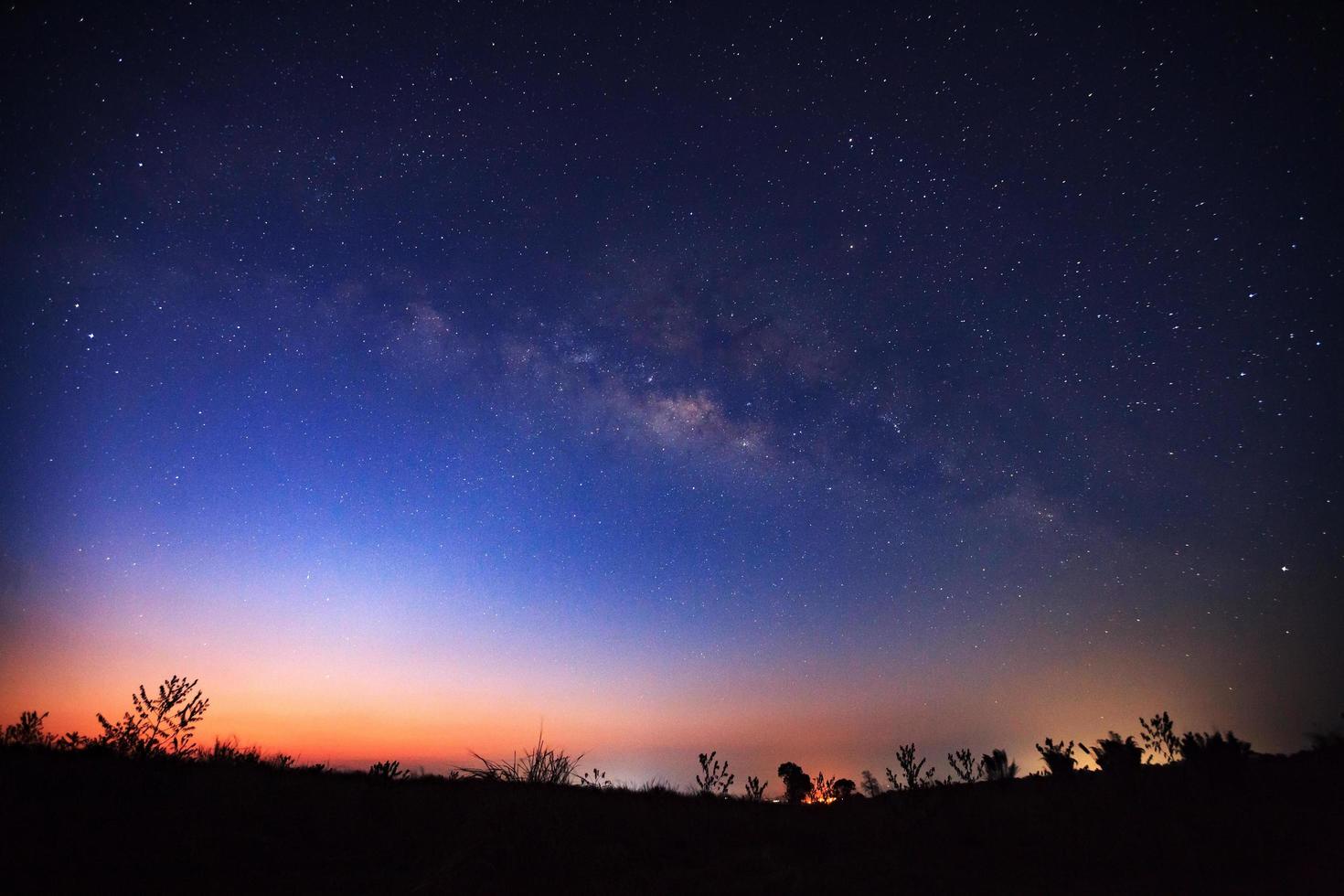 bela via láctea e silhueta de árvore em um céu noturno antes do nascer do sol foto