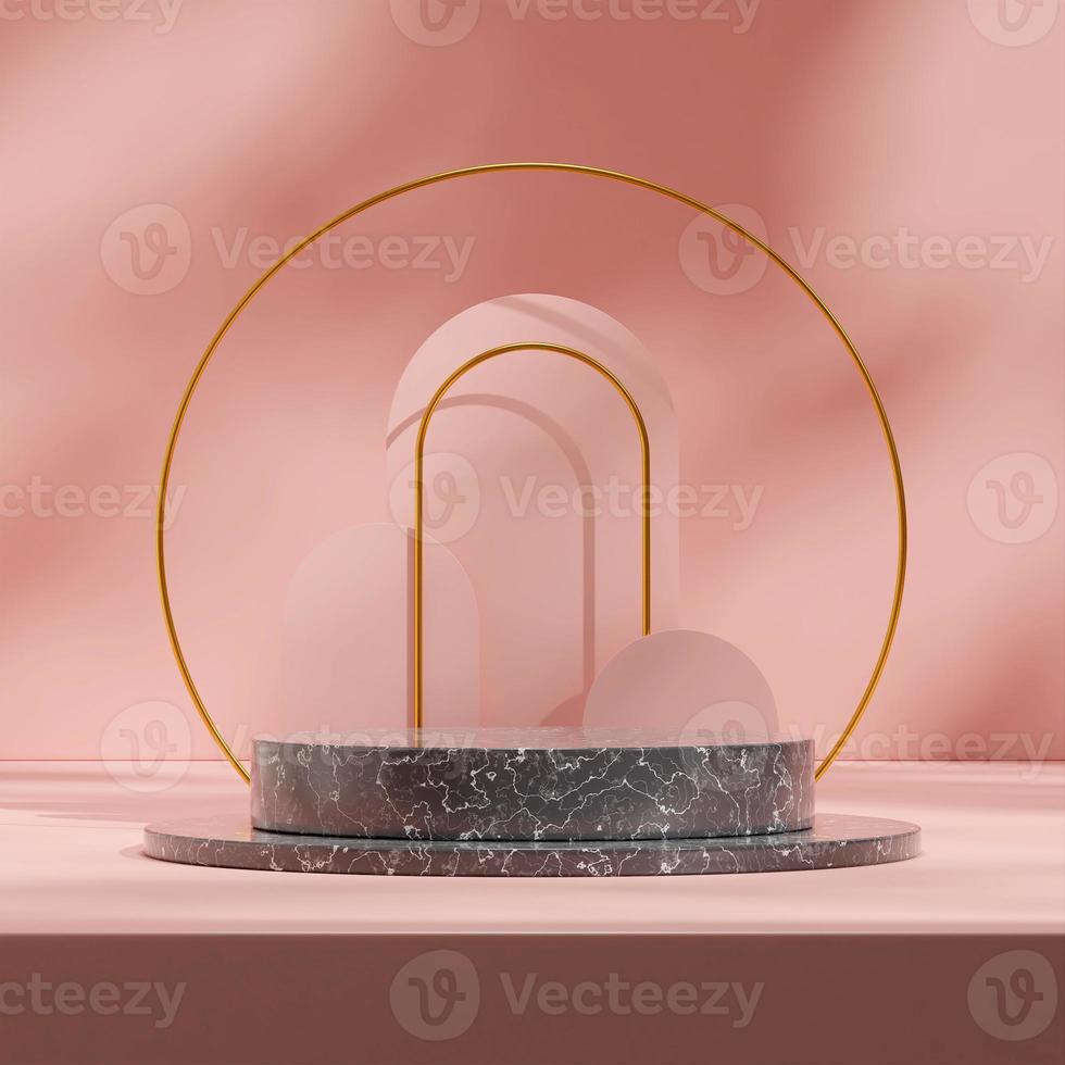 pódio de mármore preto de parede rosa pastel com maquete de renderização 3d de pano de fundo de anel de ouro na praça foto