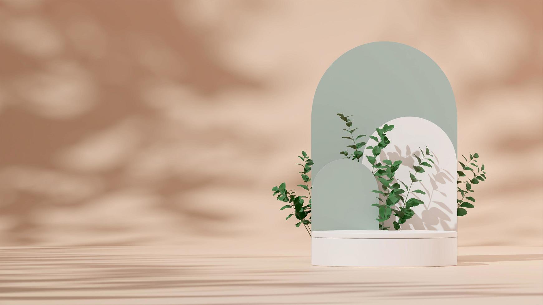 3D render modelo pódio branco vazio na paisagem com planta de folha verde e fundo marrom claro foto