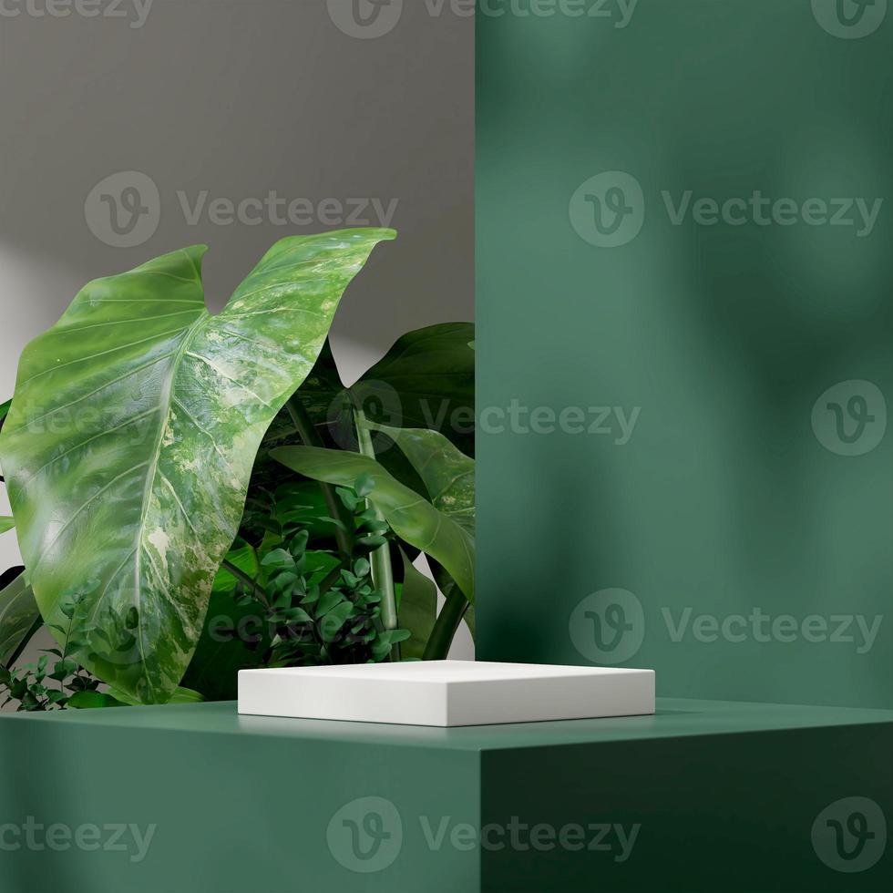 Modelo de maquete de renderização 3D do pódio branco na praça com pedestal verde, sombra do sol e plantas foto