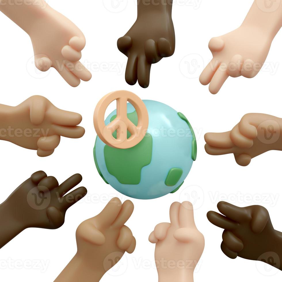 3d renderização de mãos em muitas cores de pele gesticulando sinal de paz com globo e sinal de paz no fundo branco conceito de nenhuma guerra parar de lutar salvar o mundo. 3D rendem o estilo dos desenhos animados de ilustração. foto