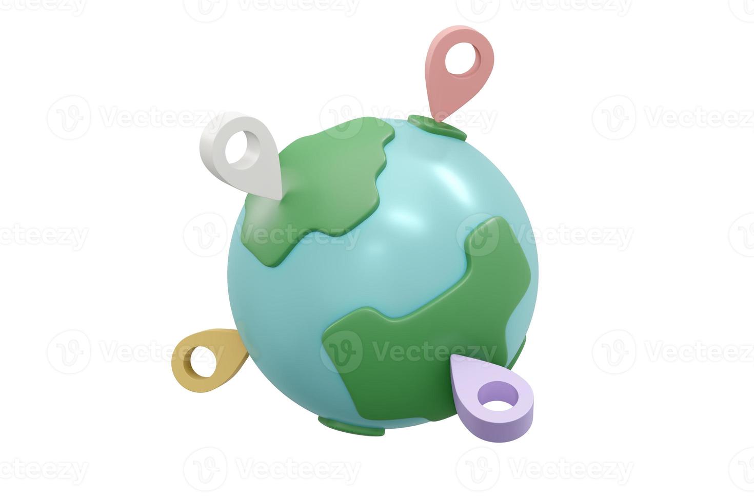 renderização 3D do símbolo de serviço de localização em todo o mundo isola no conceito de fundo do negócio de transporte mundial. 3D rendem o estilo dos desenhos animados de ilustração. foto