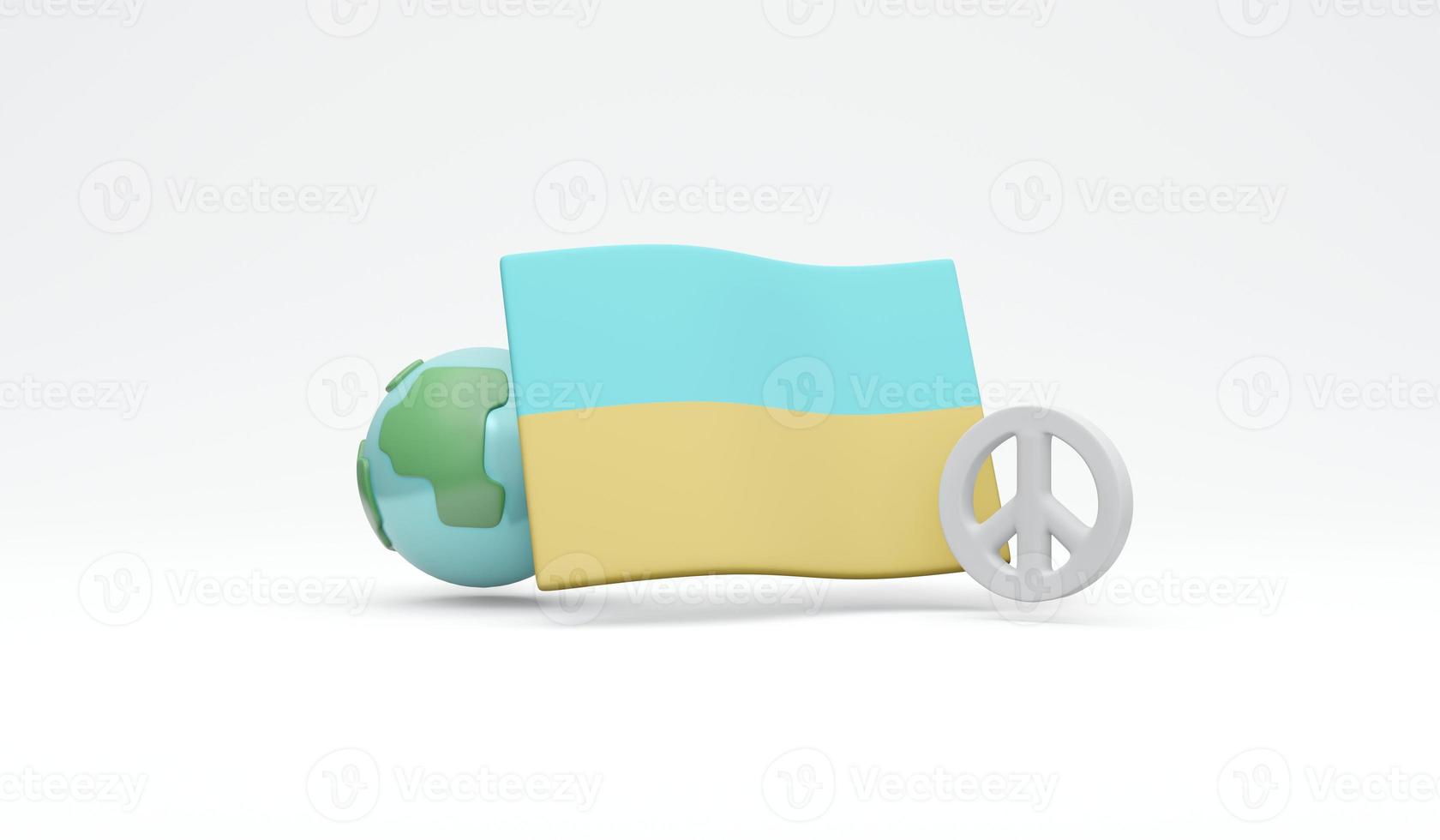 renderização 3D do sinal de paz do globo e bandeira da ucrânia isolada no conceito de fundo branco de nenhuma guerra parar de lutar. 3D rendem o estilo dos desenhos animados de ilustração. foto