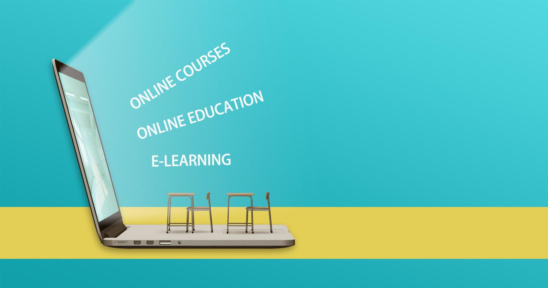 laptop com cadeiras e mesas. conceito para cursos online, e-learning, educação online. renderização em 3d foto