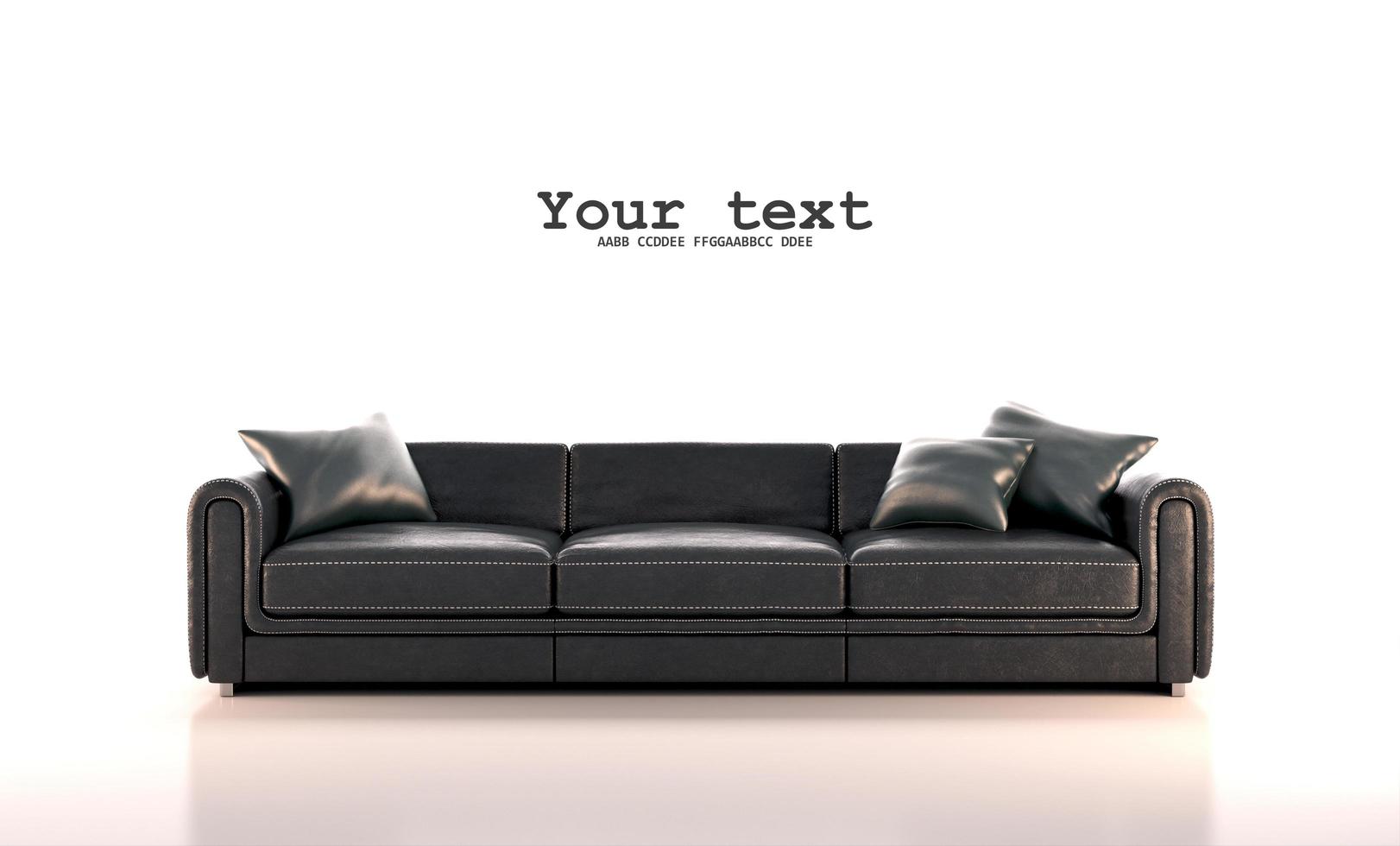 vista frontal do sofá de couro preto e almofadas em fundo branco estilo clássico moderno renderização em 3d foto