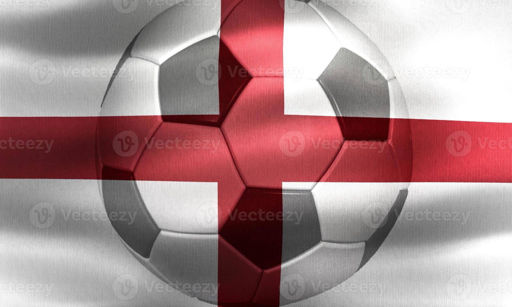 ilustração 3D de uma bandeira da Inglaterra com uma bola de futebol se movendo ao vento foto