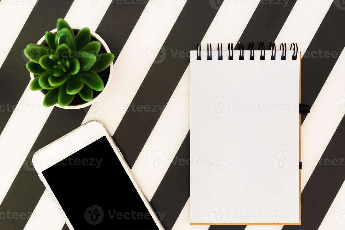 espaço de trabalho minimalista elegante com notebook, celular e suculenta em fundo preto e branco listrado. vista superior de estilo plano leigo. foto