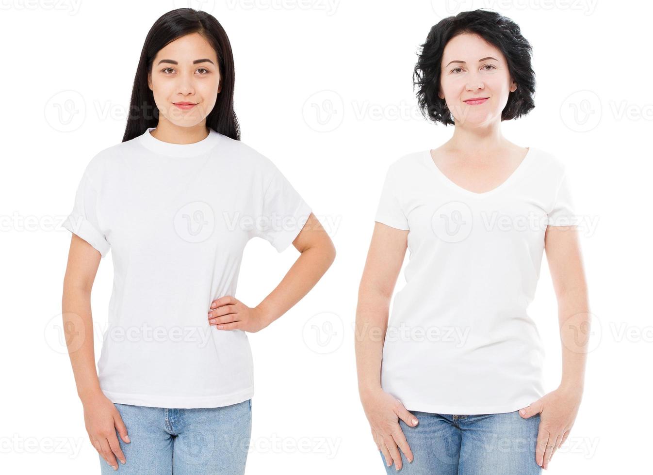 t-shirt de adolescente mulher asiática simulado tshirt de mulher de meia-idade, menina coreana em t-shirt vazio em branco isolado no espaço de cópia de fundo branco. vista frontal menina tshirt cópia espaço foto