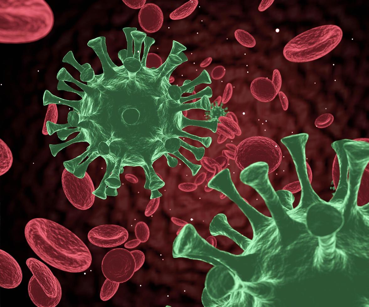 infecção do sangue do microscópio. vírus e glóbulos vermelhos no vaso sanguíneo. 3D renderizar o conceito de coronavírus. conceito de microbiologia científica foto