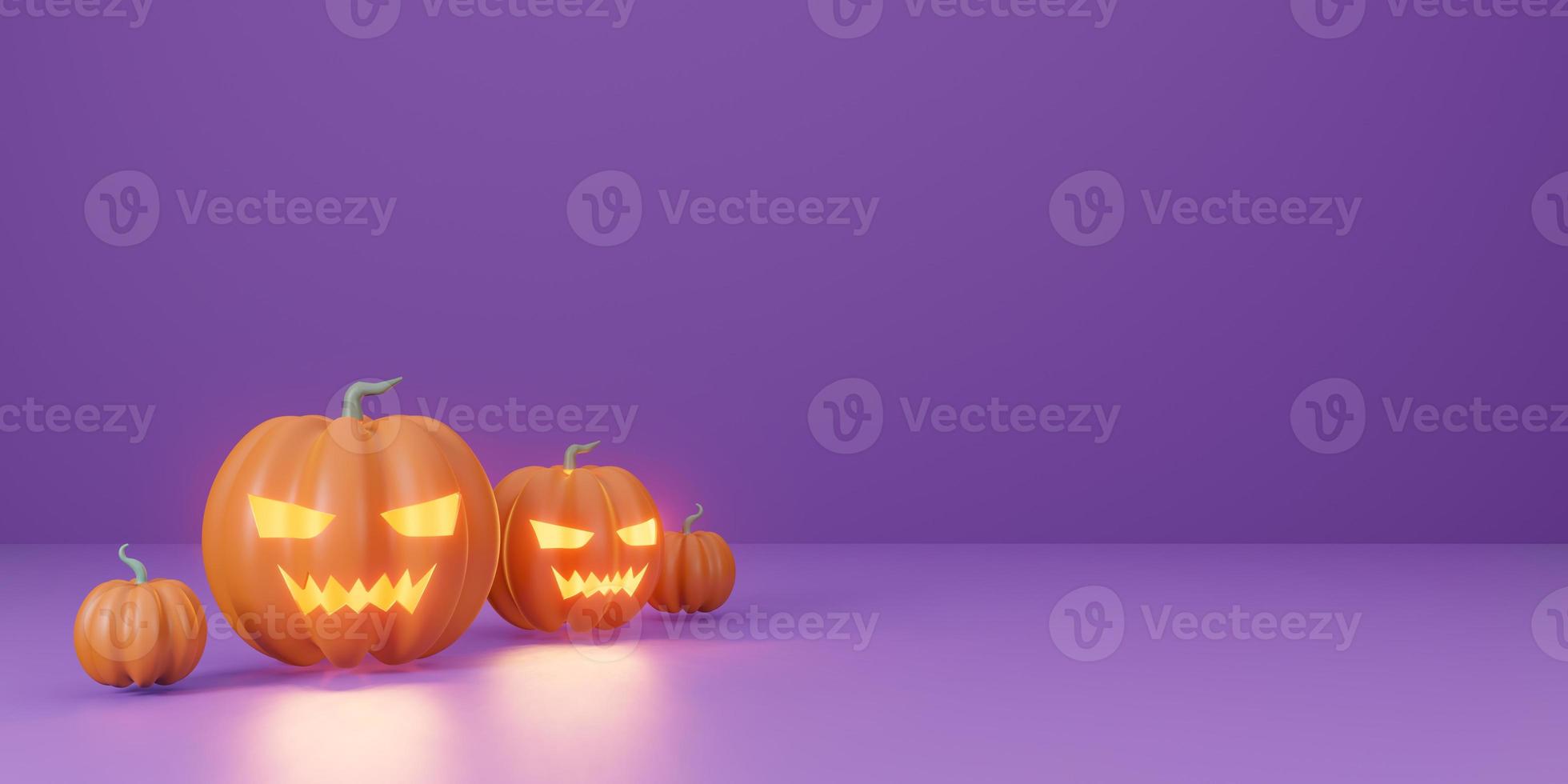 fundo de tema roxo de festa de halloween. abóbora laranja ilustração 3D foto