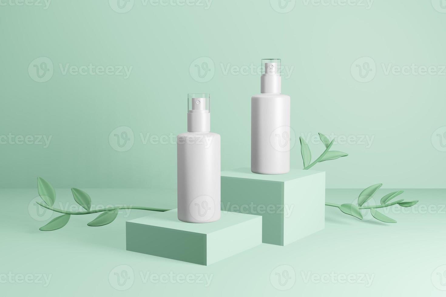 frasco de spray branco beleza cosmética verde maquete em branco do pódio ilustração 3d com fundo verde natural foto