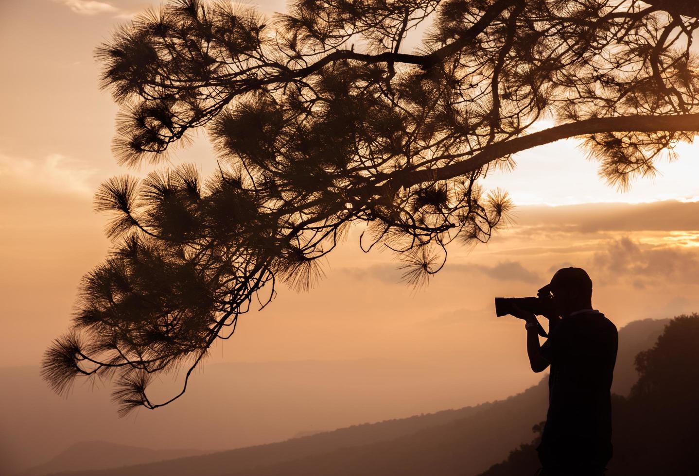 a silhueta de pinheiro e fotógrafo no parque nacional de phu kradueng da província de loei da tailândia. foto