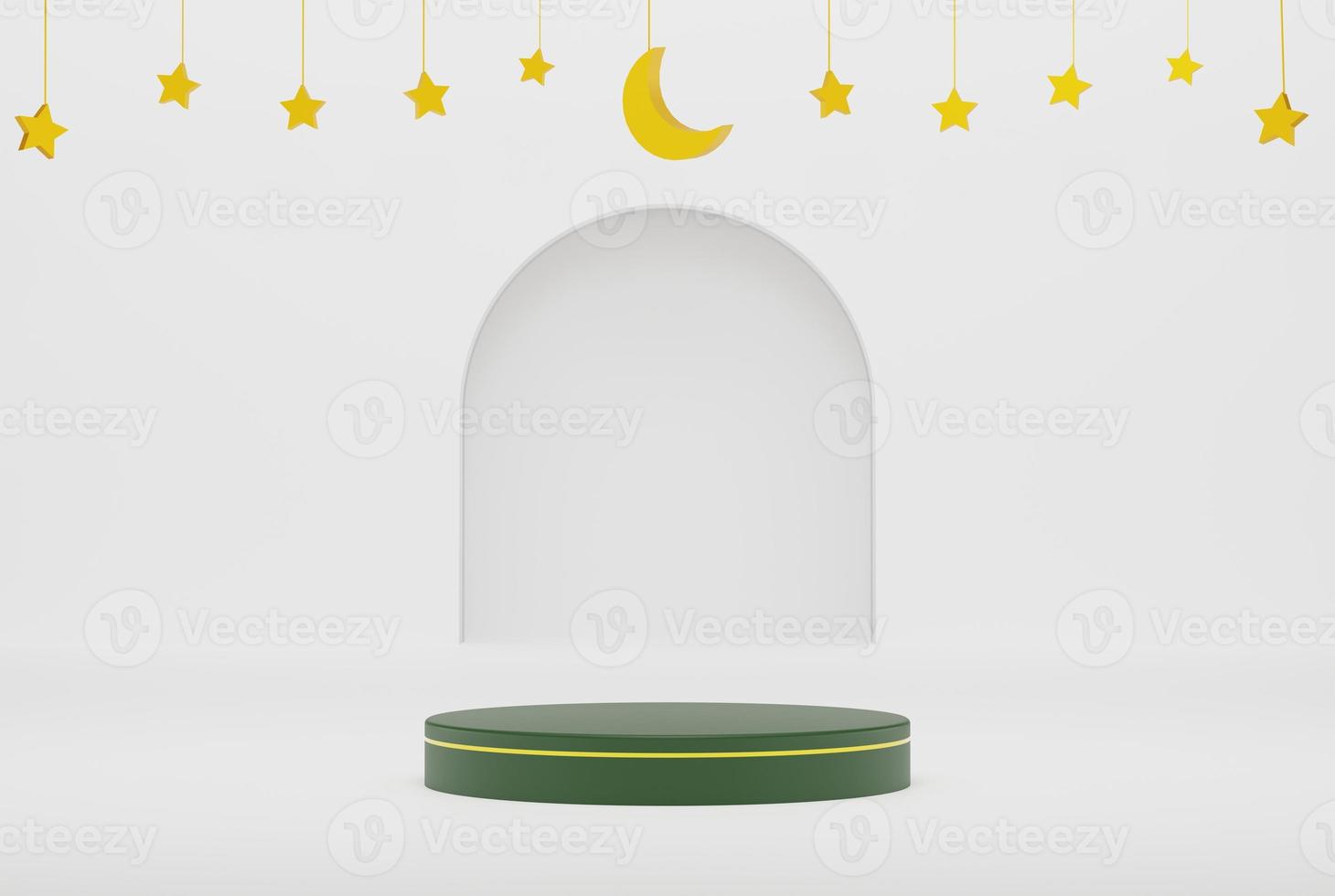 pódio 3d em fundo islâmico branco com estrelas e renderização de ilustração 3d de cor dourada crescente para design de folheto, banner, convite e etc foto