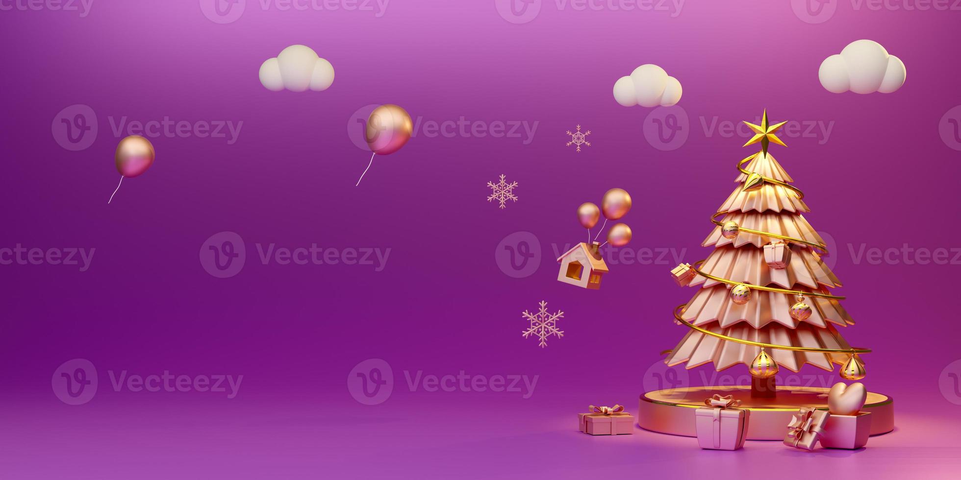 árvore de natal com caixa de presente e enfeites em composição roxa ou violeta para exibição de palco moderno e maquete minimalista, conceito de natal e um ano novo festivo, ilustração 3d ou renderização 3d foto