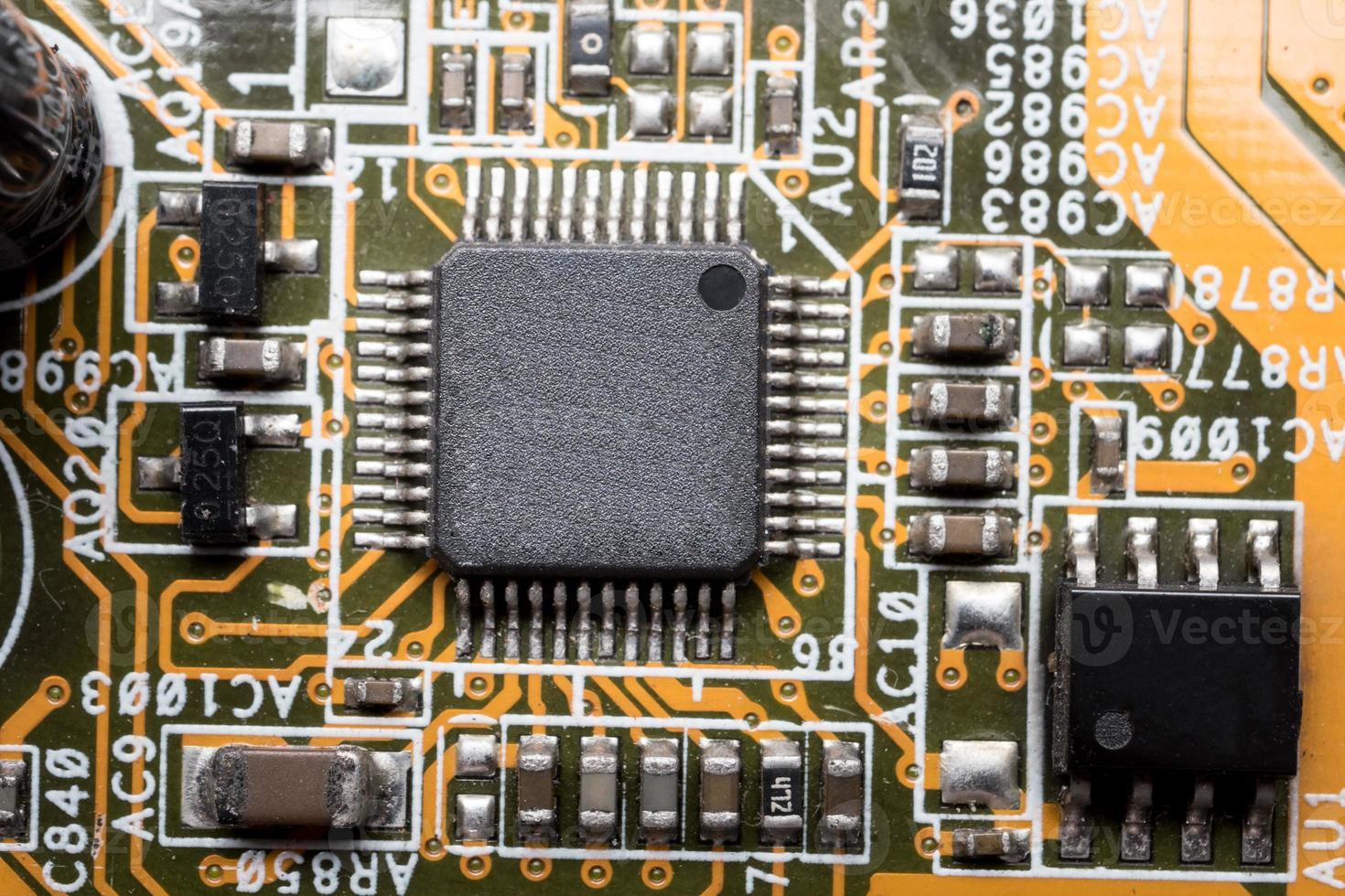 placa de circuito de computador, fundo de tecnologia eletrônica. foto