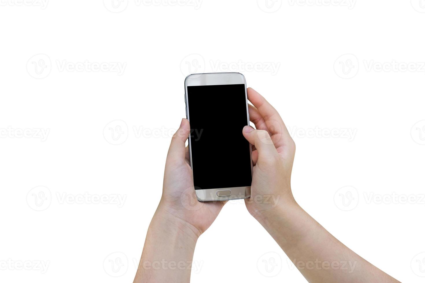 mulher usando telefone inteligente móvel isolado no fundo branco, traçado de recorte foto