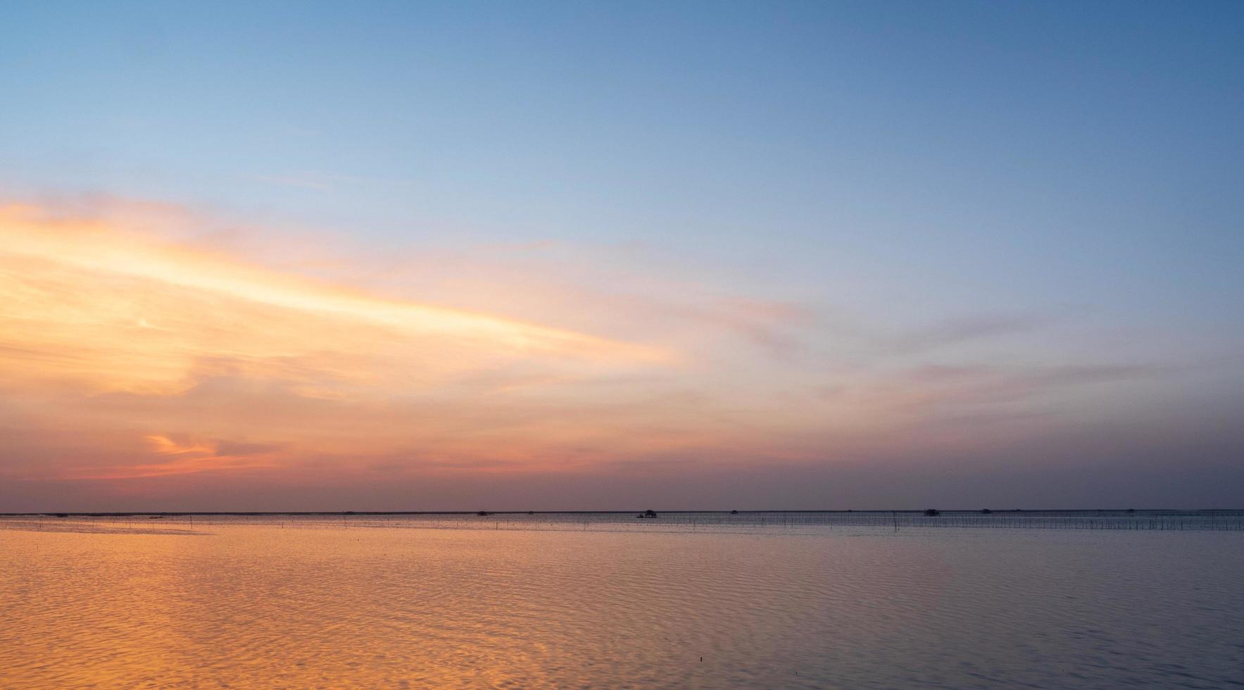 paisagem ponto de vista para design cartão postal e calendário verão mar onda de vento legal no feriado mar calmo área costeira grande pôr do sol céu luz laranja dourado noite horas dia em chonburi tailândia foto